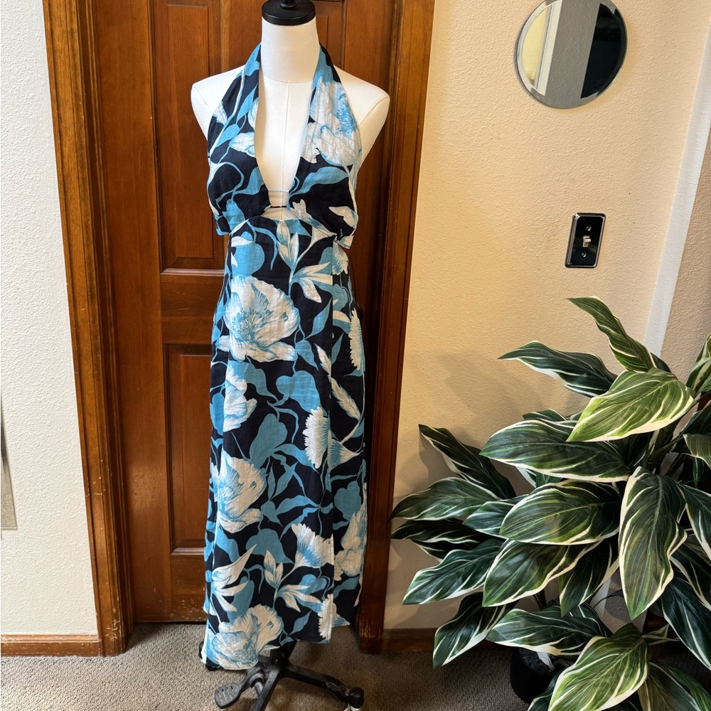Halter Floral Maxi Dress in Blue and White